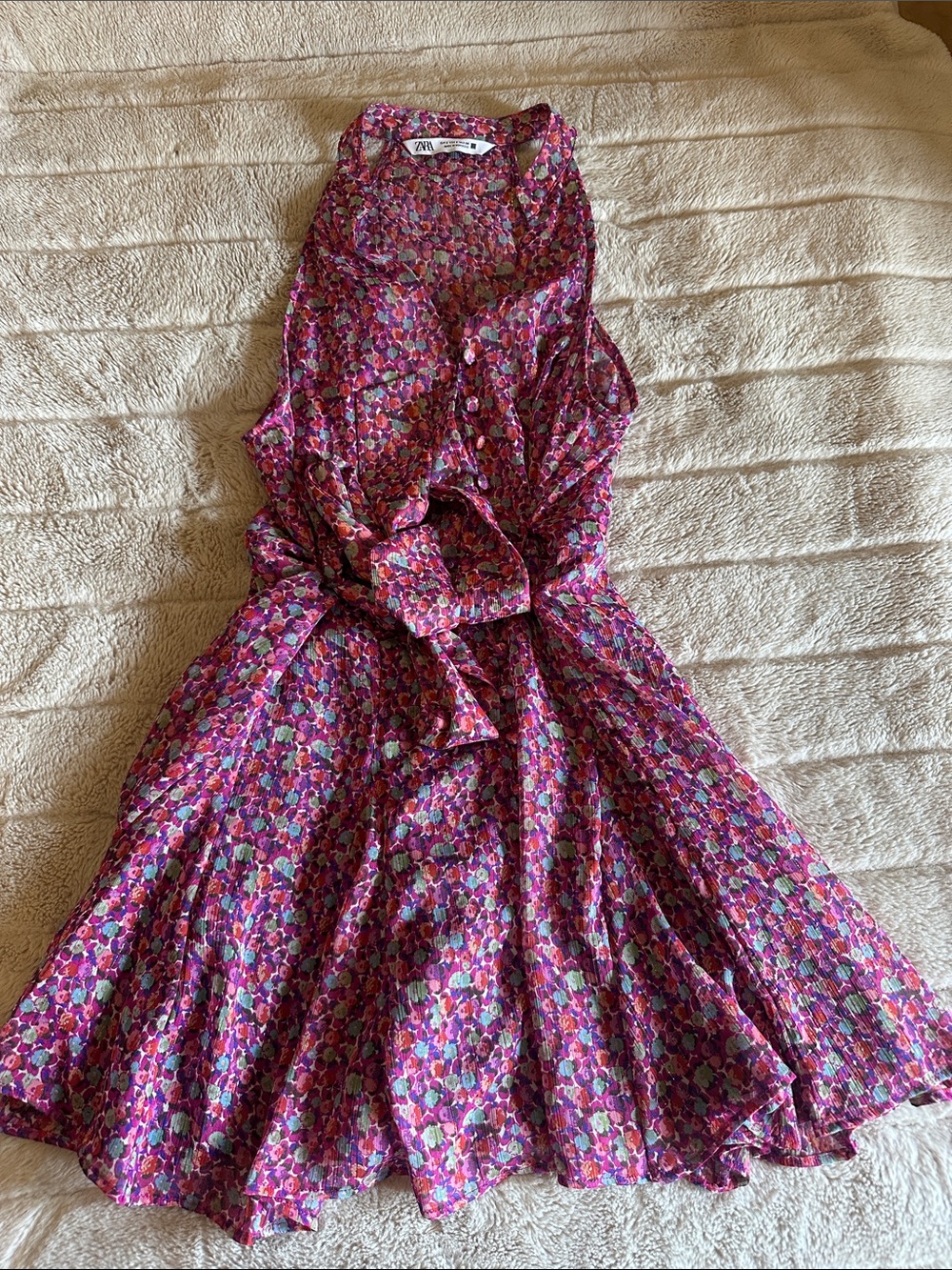 Zara Pink Multi-Color Floral Tie-Waist Dress